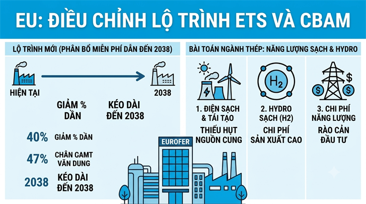 EU điều chỉnh lộ trình EU ETS và CBAM: Gia hạn phân bổ miễn phí đến 2038, ngành thép châu Âu tiếp tục đối mặt bài toán điện sạch và hydro